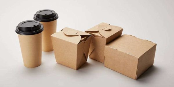 关闭纸张咖啡杯和纸板食品盒白色的视图